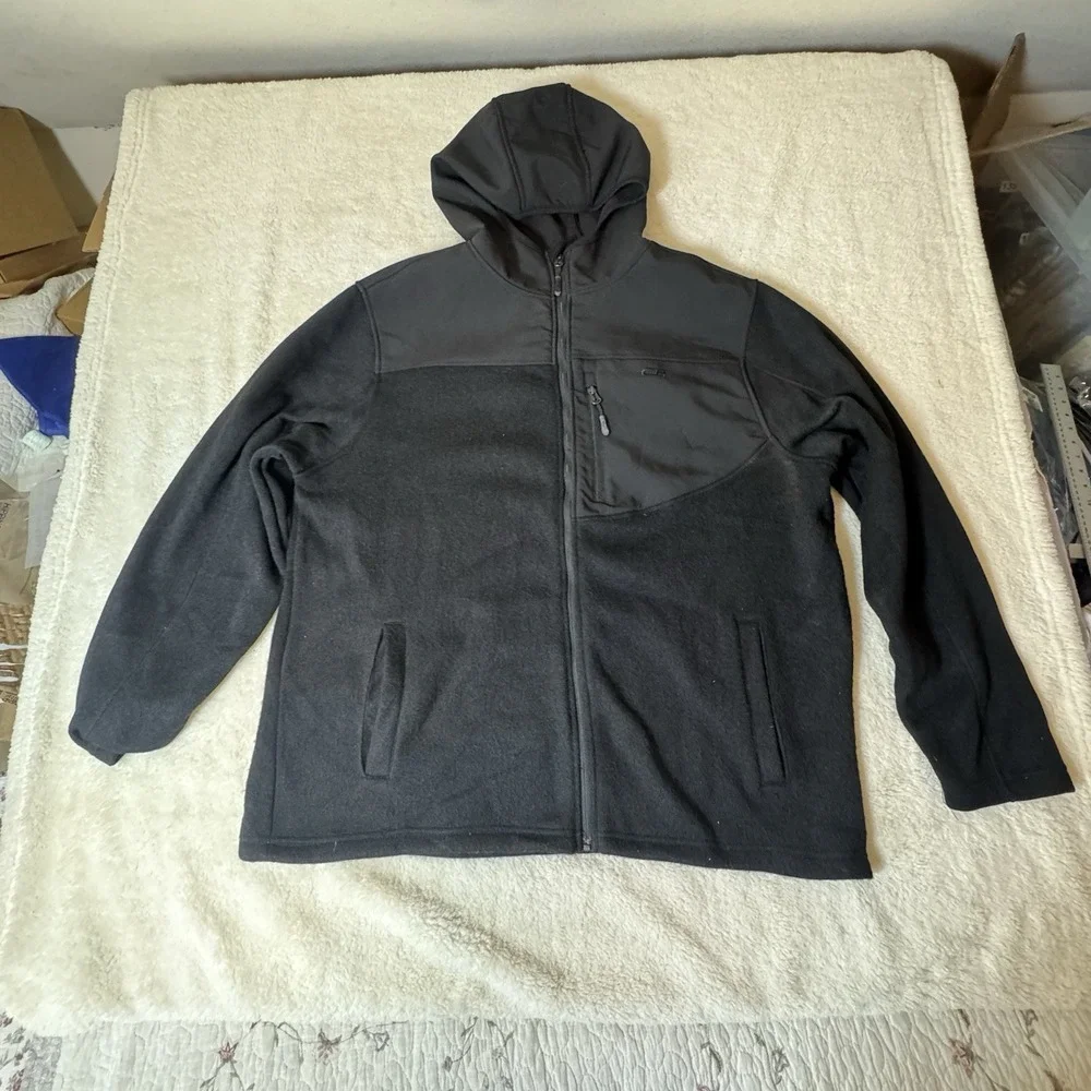 CB Men's 2XL Black Full Zip Hooded Fleece Jacket Chest Pocket